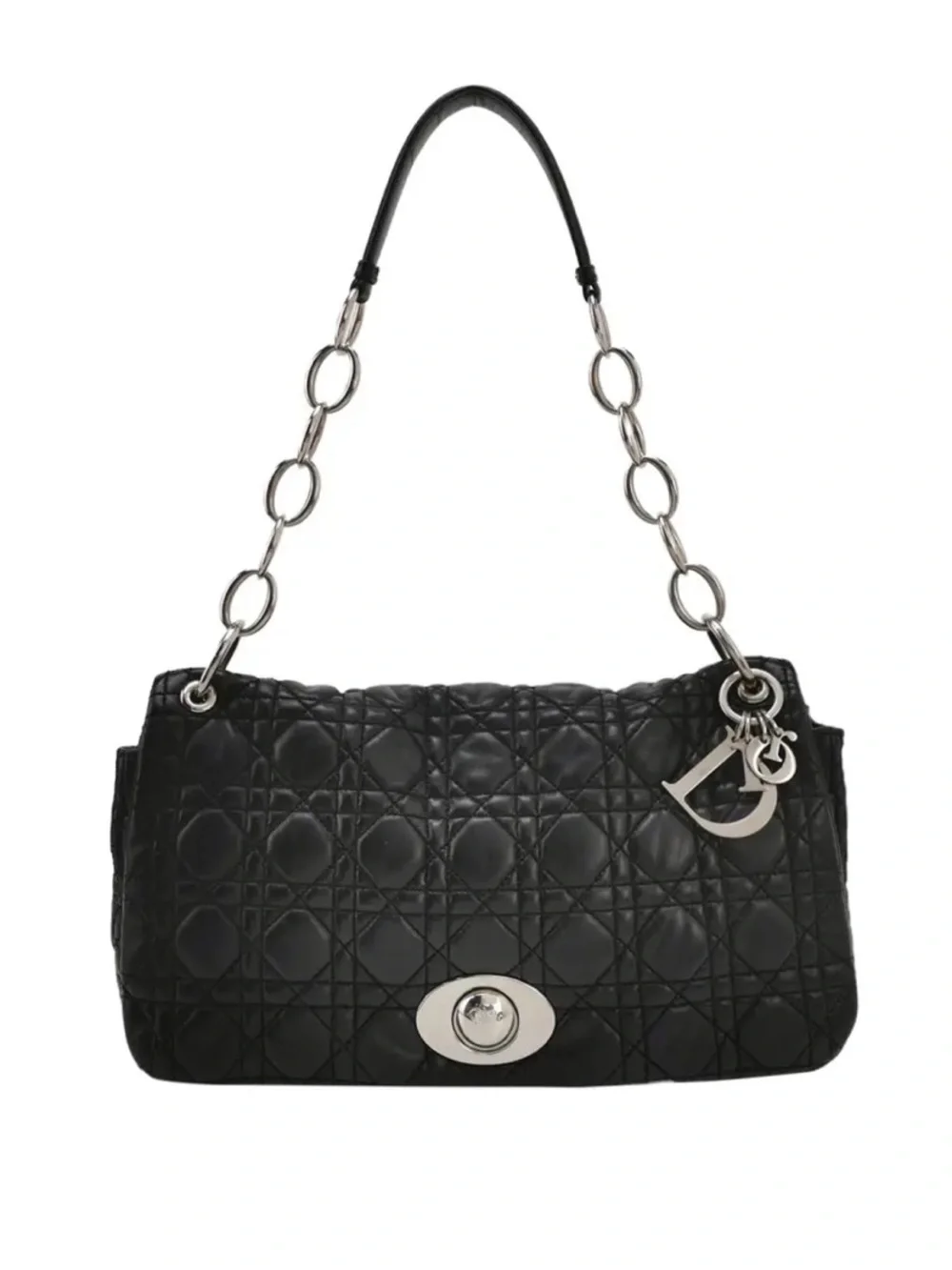 Dior Black Cannage Lambskin Shoulder Bag with Silver Logo Charms